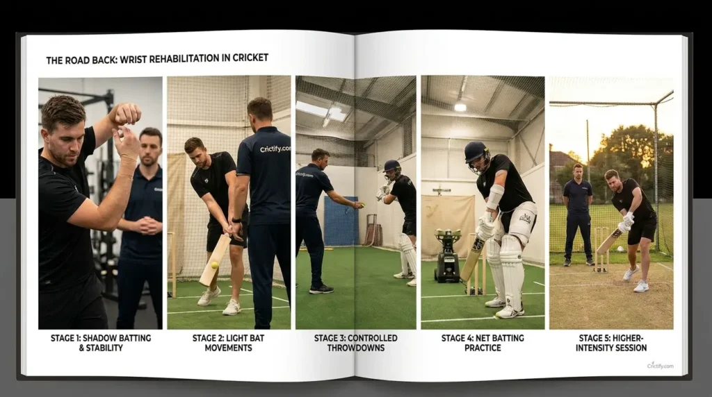 Cricketer progressing from shadow batting to controlled net practice after wrist rehabilitation.