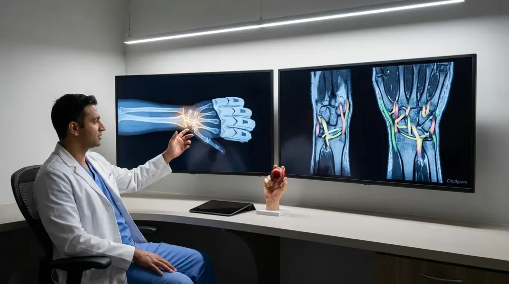 Medical imaging assessment of a cricketer’s wrist using X-ray and MRI concepts.