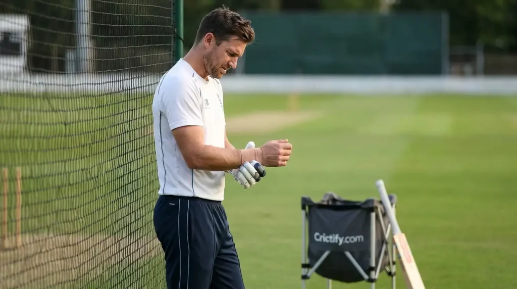 Cricketer supporting a sore wrist after batting practice.