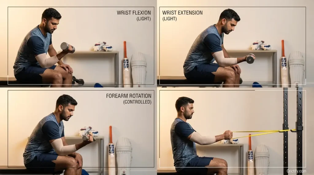 Cricketer performing controlled wrist flexion, extension, rotation, and grip exercises.